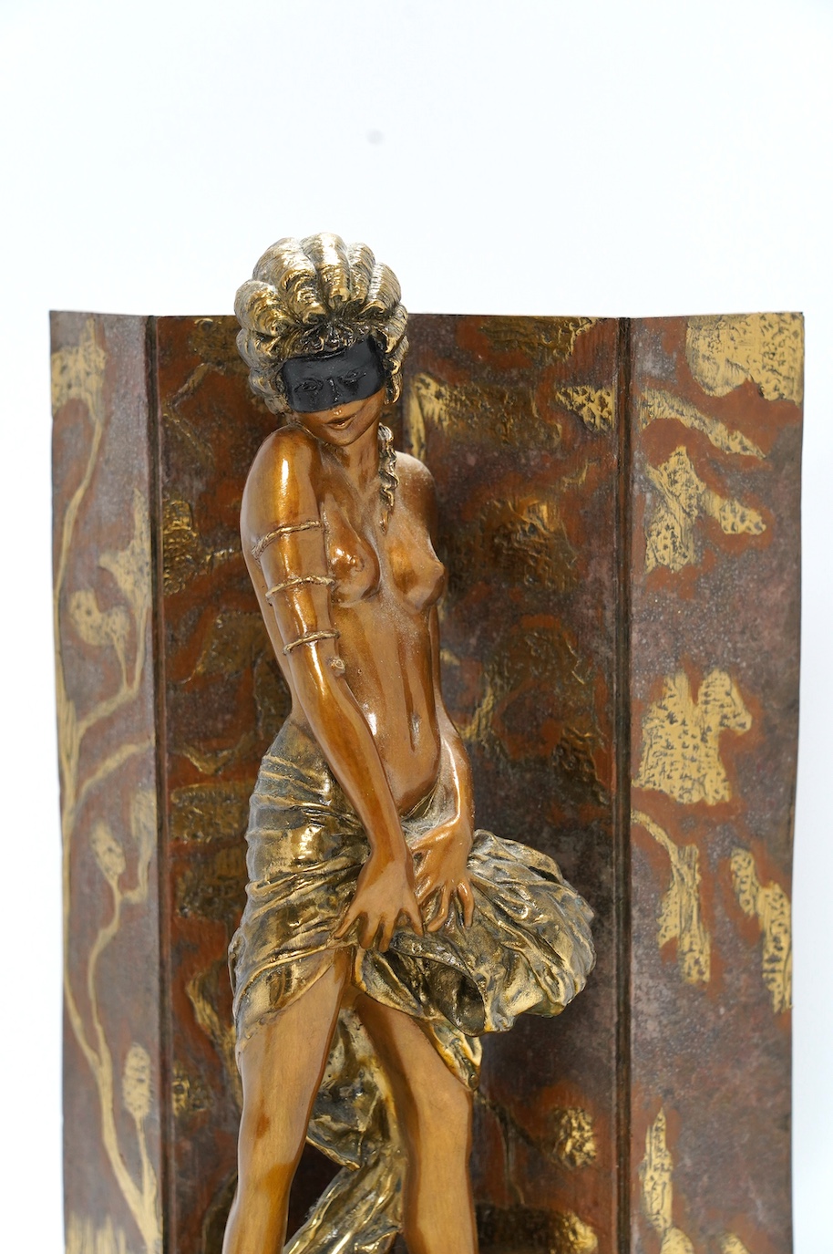 A Rosenbaum limited edition Art Deco style metal figure standing in front of a screen, 36.5cm tall. Condition - good